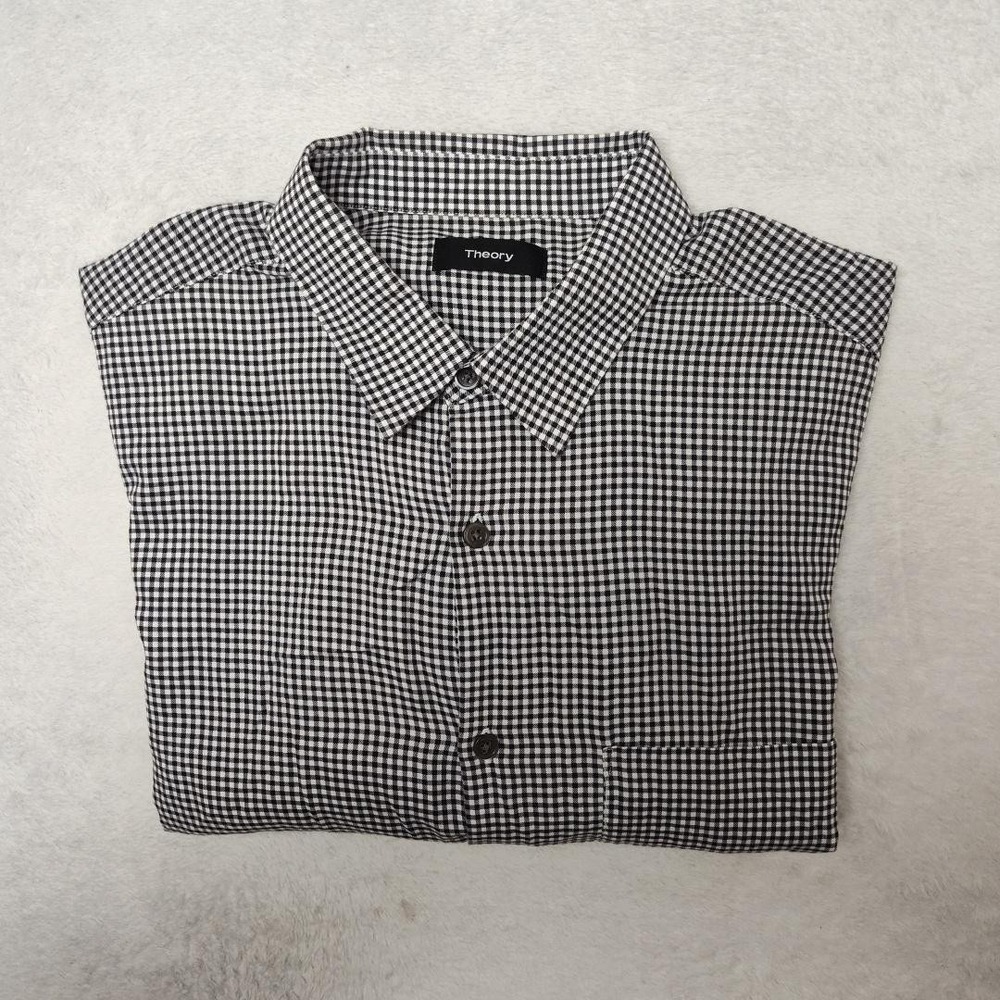 Theory Shirt Mens M Black Gingham Plaid Button Up Irving Dress Cotton Reg Fit